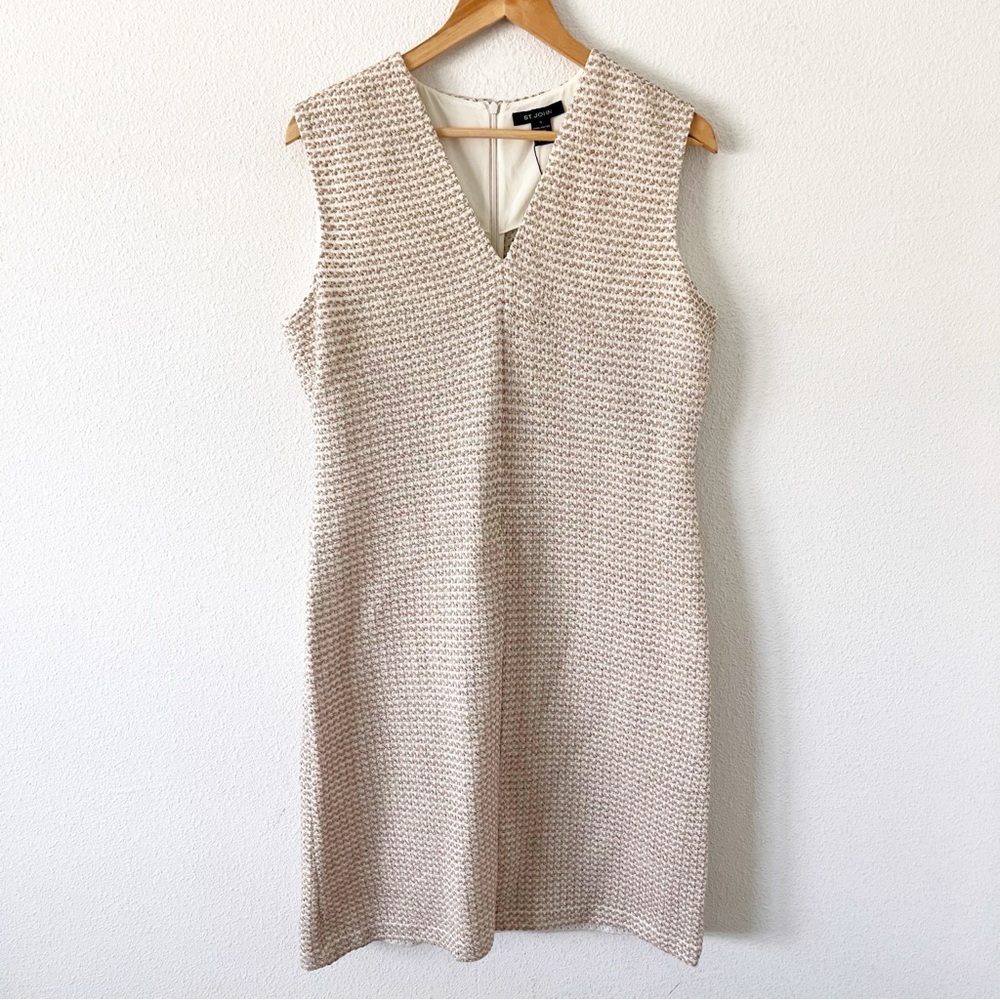 St. John Cream Cork Tweed Shift Dress V-Neck Sleeveless Career Classic Dress - Picture 2 of 10